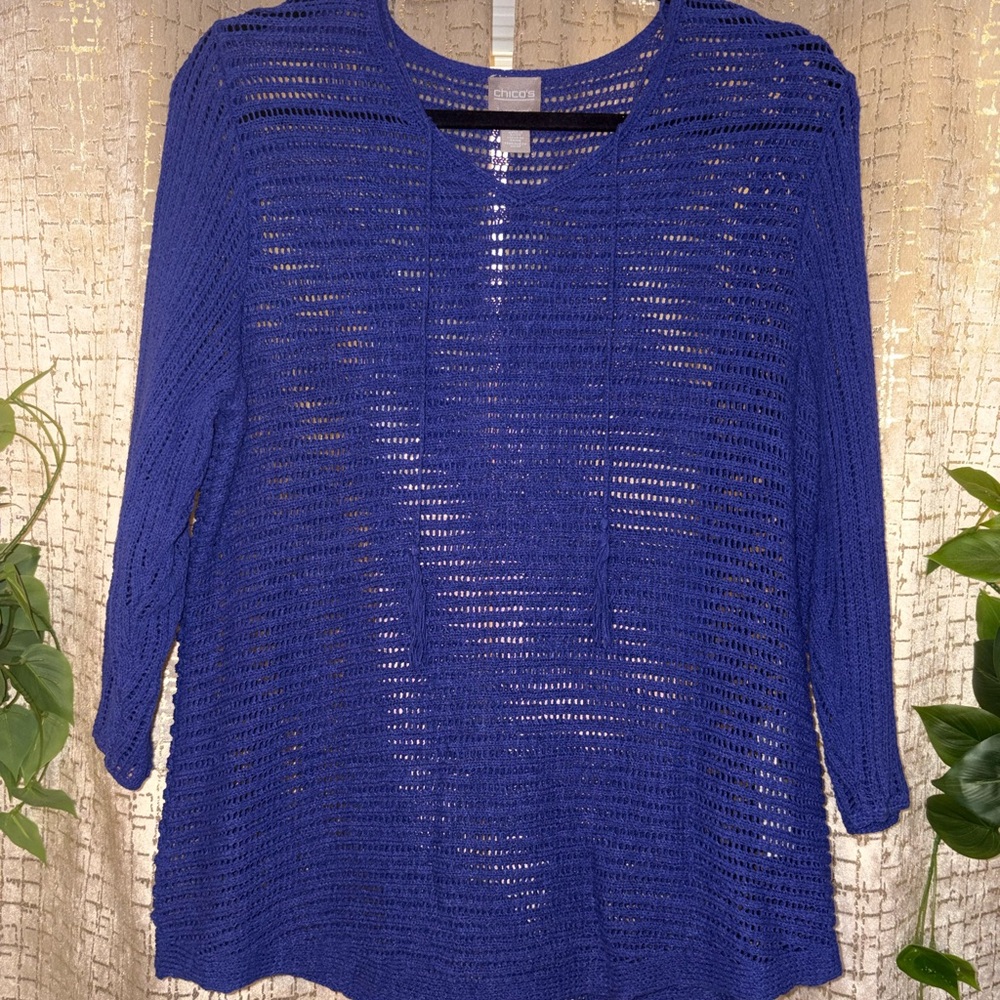 Chico’s Royal Blue Open-Knit V-Neck Sweater | Size 1 (Medium/Large)